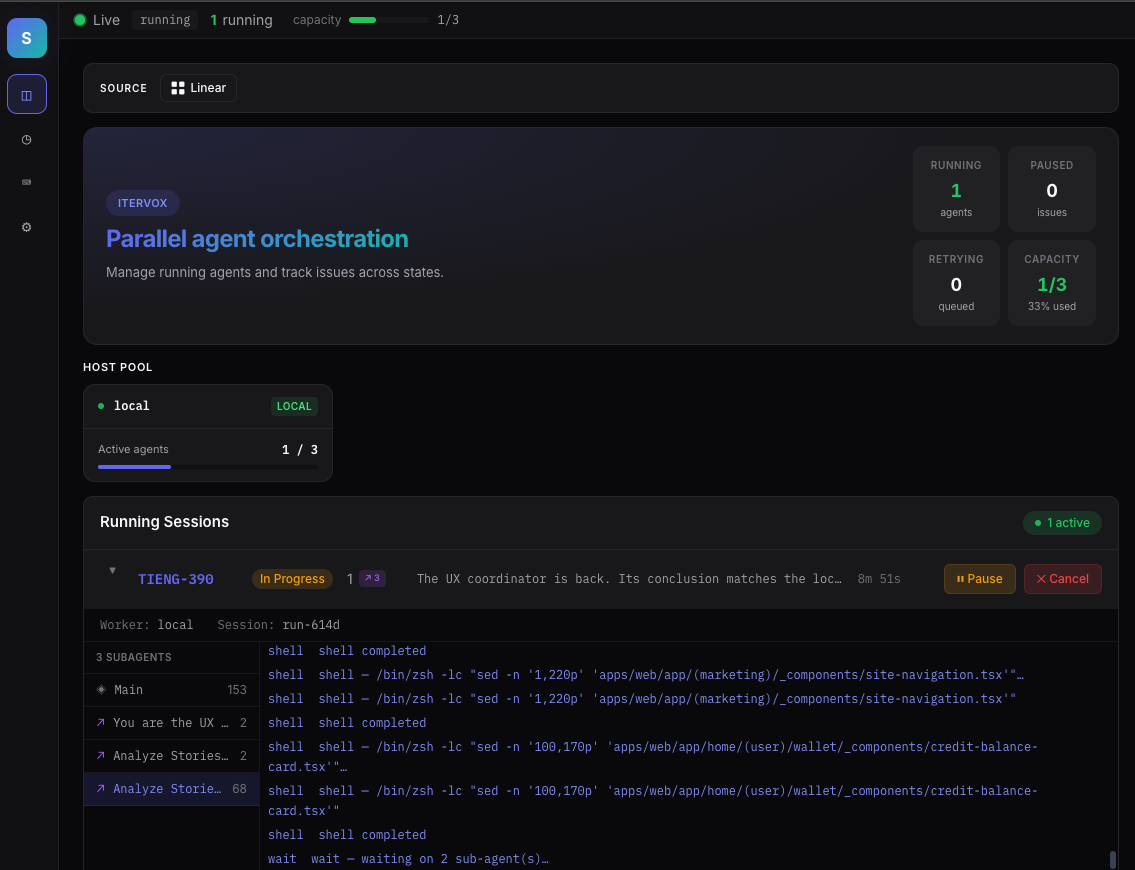 Itervox dashboard overview: running agents, host pool, and live sessions